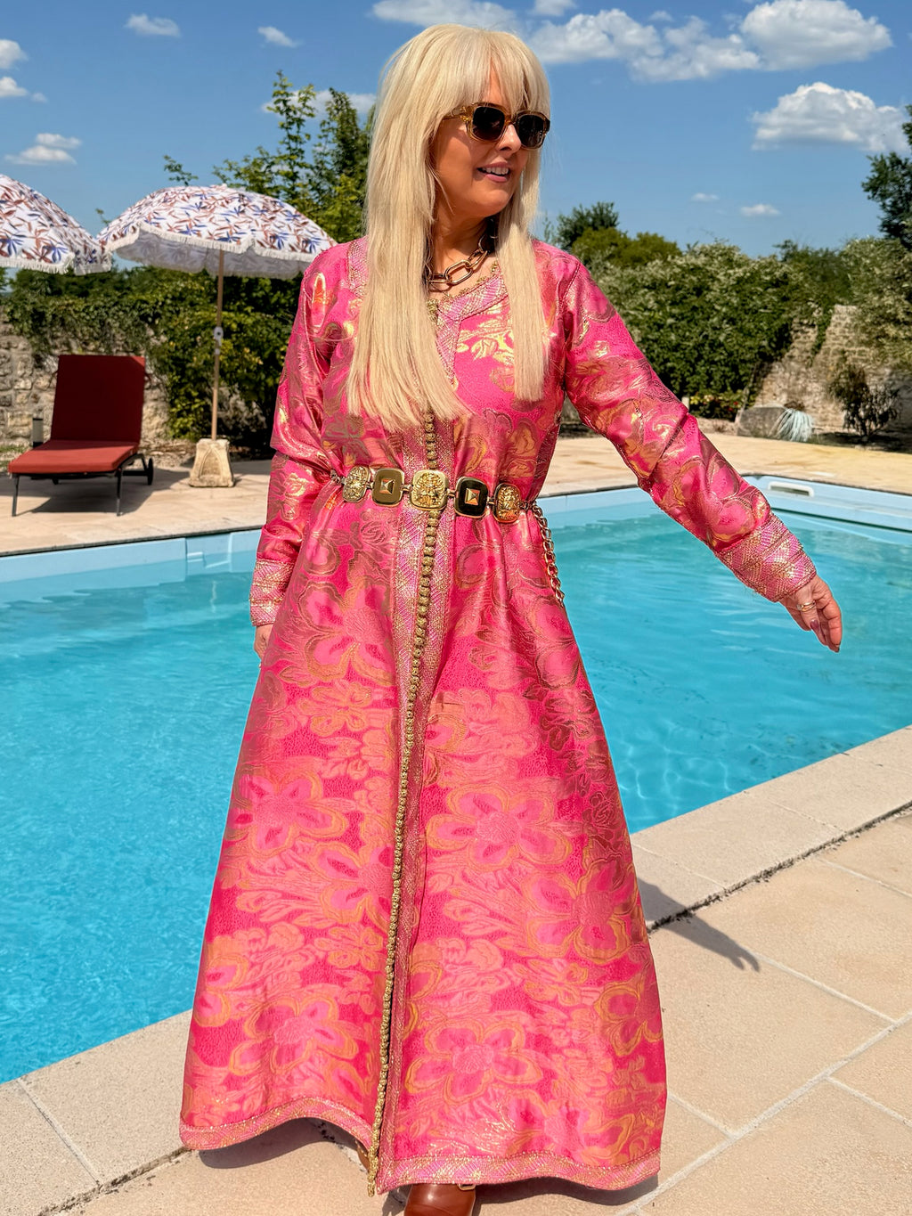 Vintage 1970s Pink Gold Metallic Embroidered Kaftan