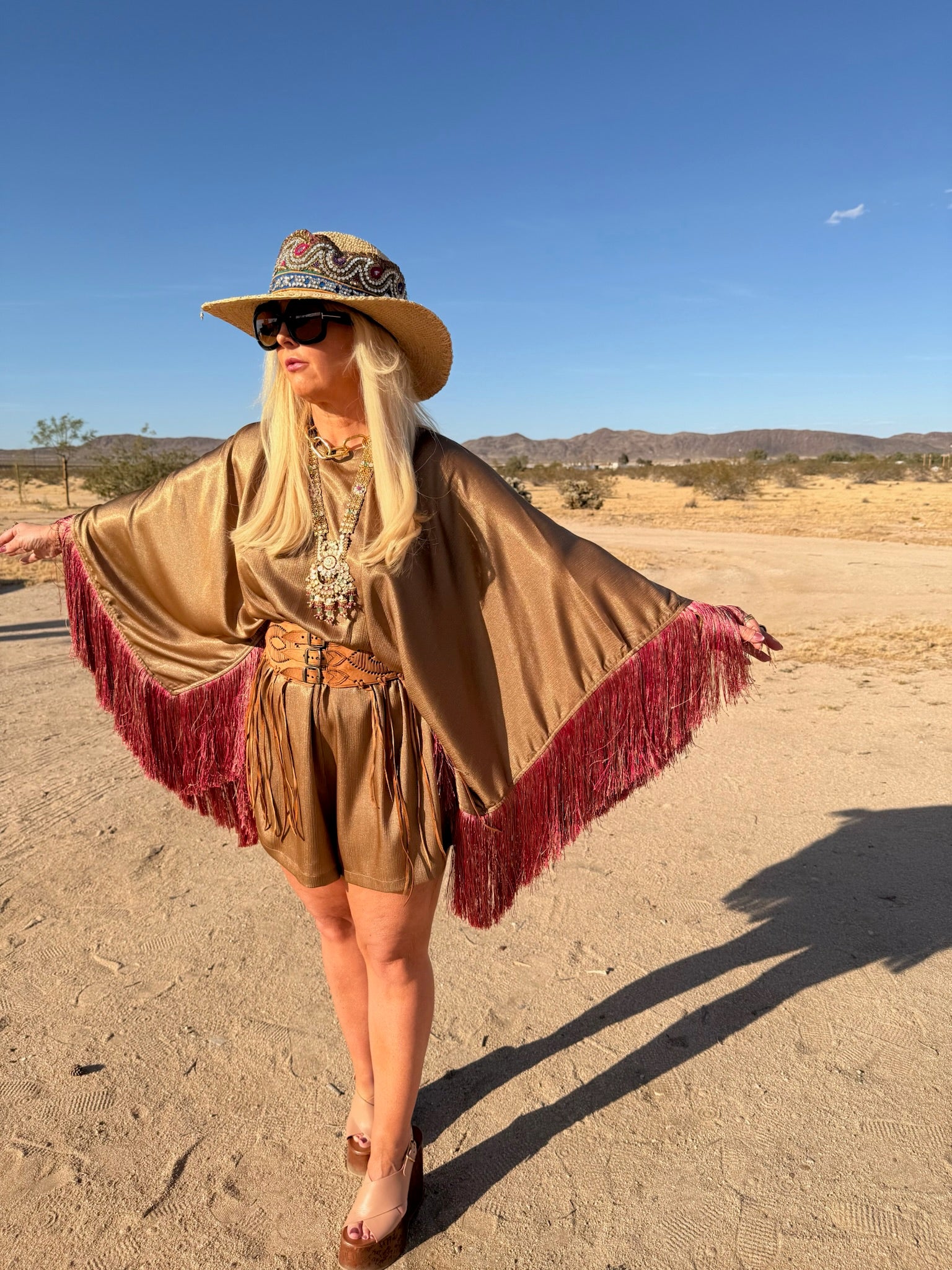 Sam - Khaki Bronze Metallic With Raspberry Silk Fringe