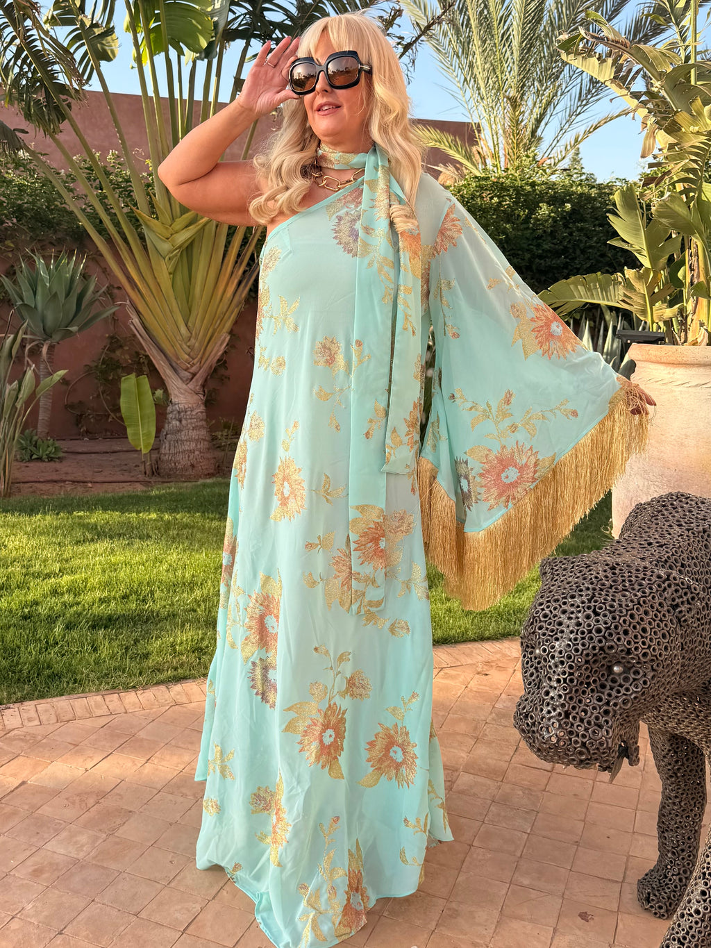 Vintage - Soft Aqua Stevie One Shoulder Fringed