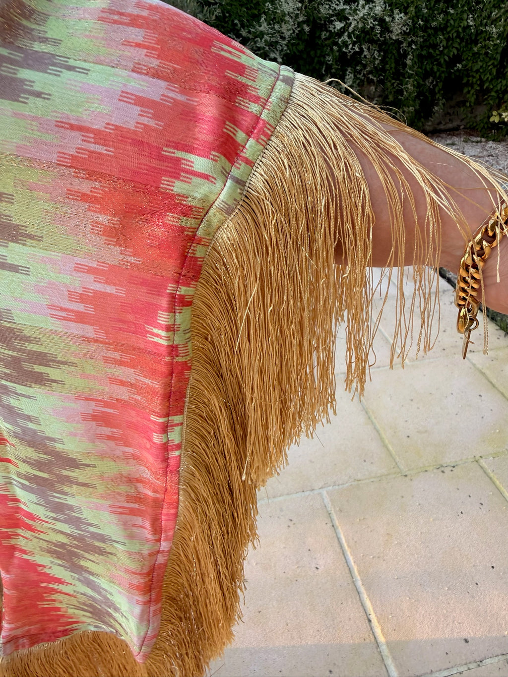 Short Stevie – Ikat Coral & Sage with Gold Fringe