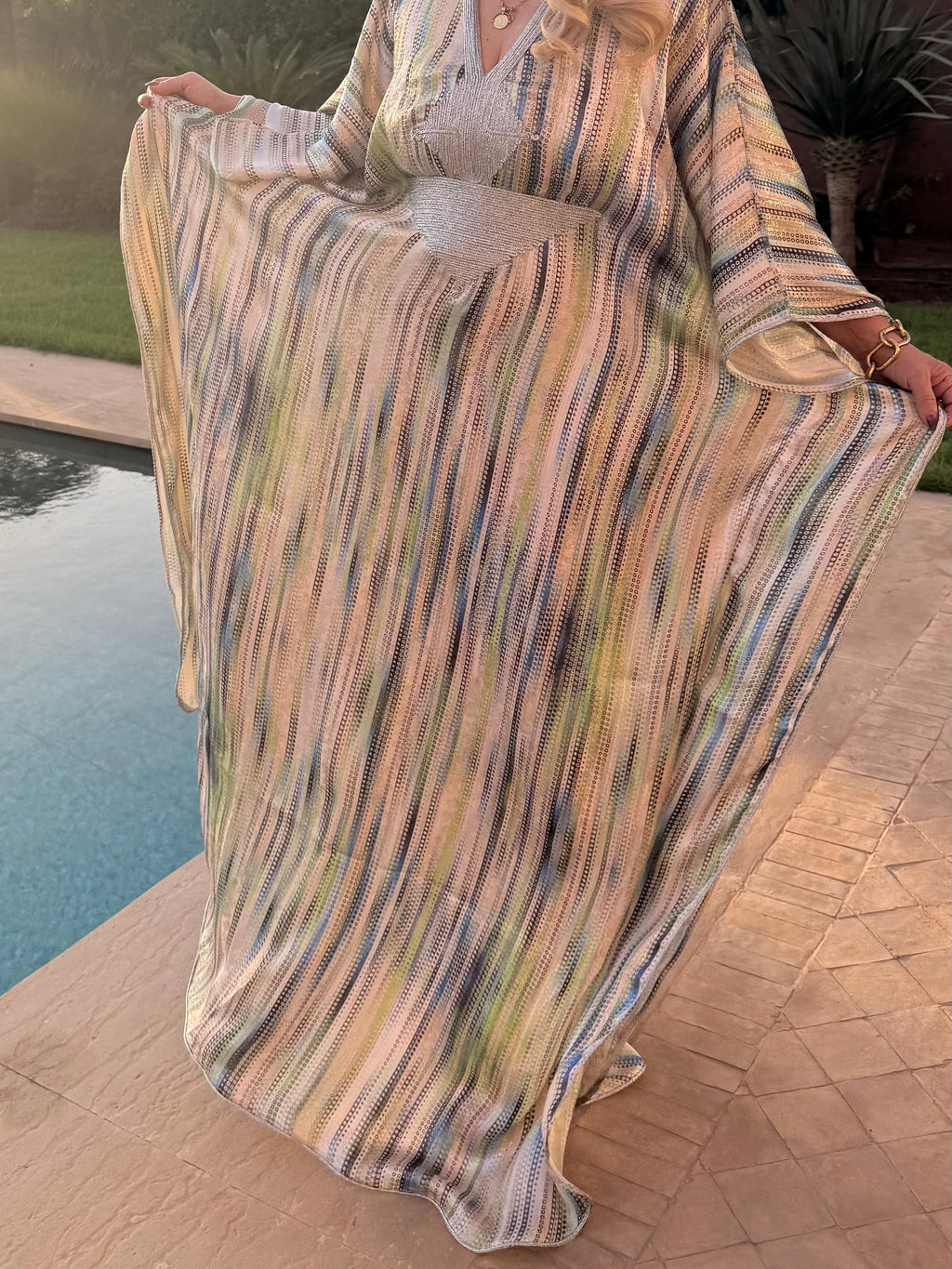 Kaftan - Multicoloured Silver Embroidered Metallic