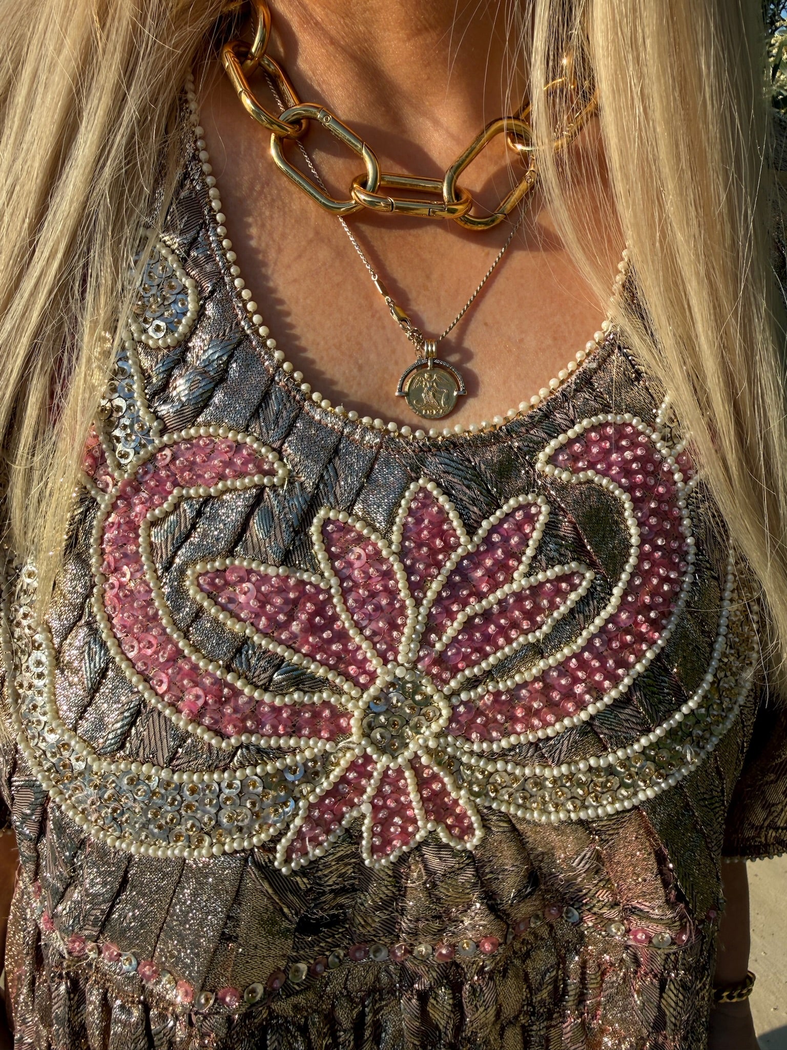 Vintage Rose Gold Metallic Brocade Kaftan