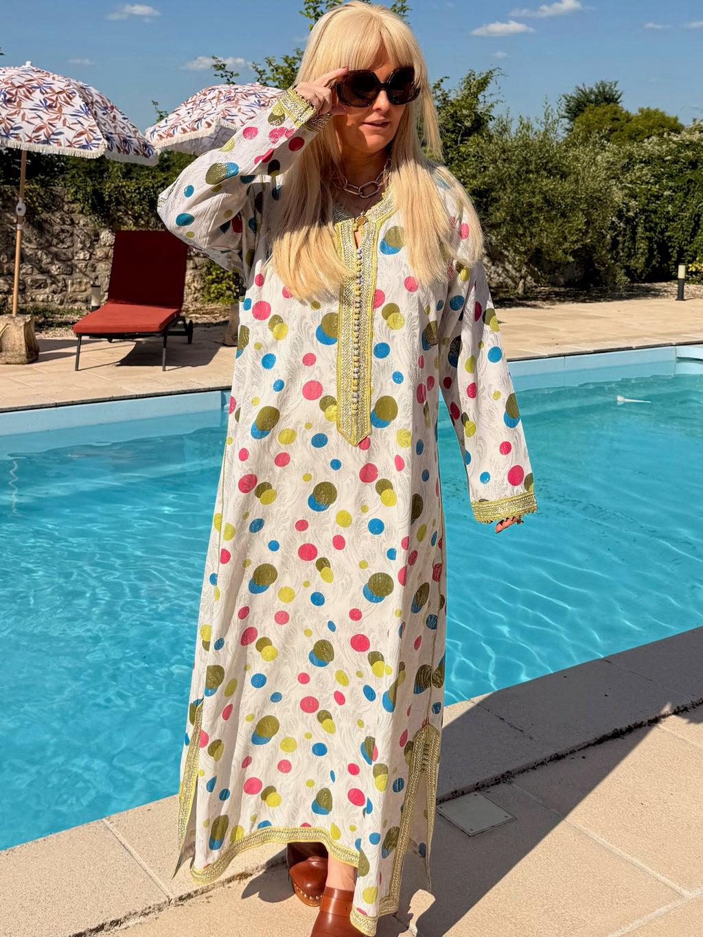 Vintage 1970s Polka Dot lurex silver Kaftan With Embroidery