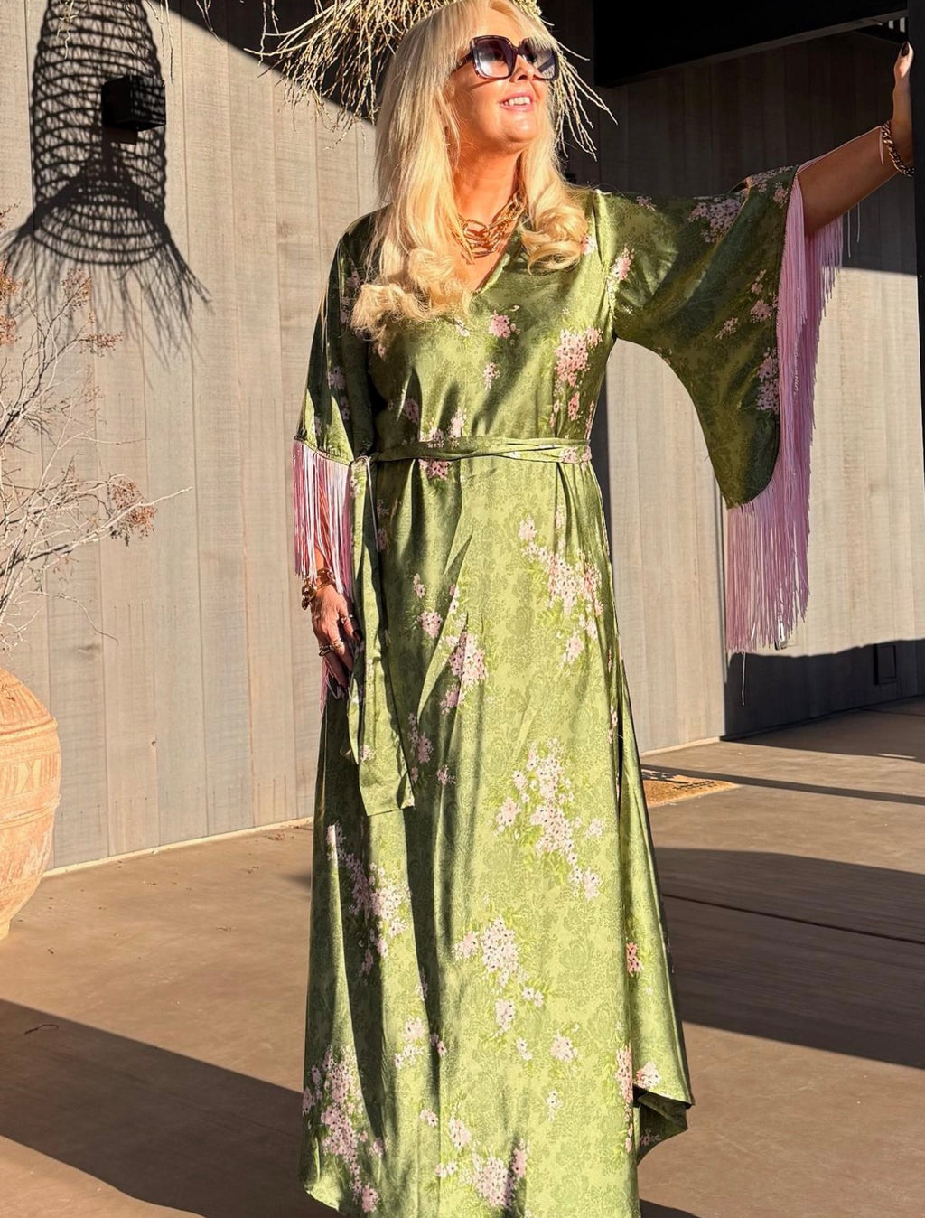 Stevie - Green & Pink Silk Fringe