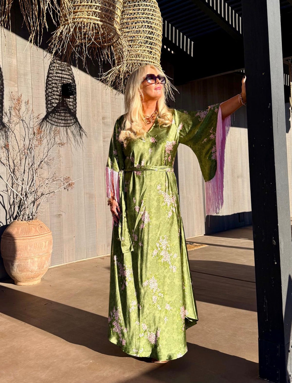 Stevie - Green & Pink Silk Fringe