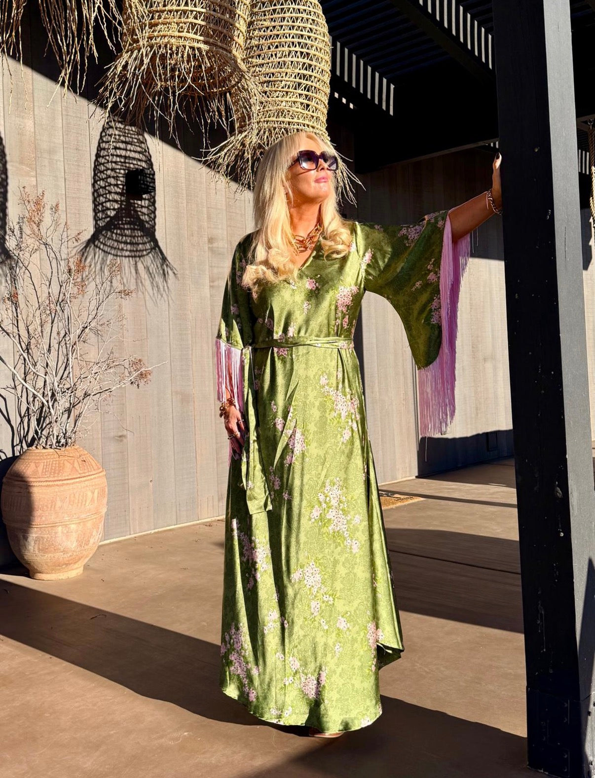 Stevie - Green & Pink Silk Fringe