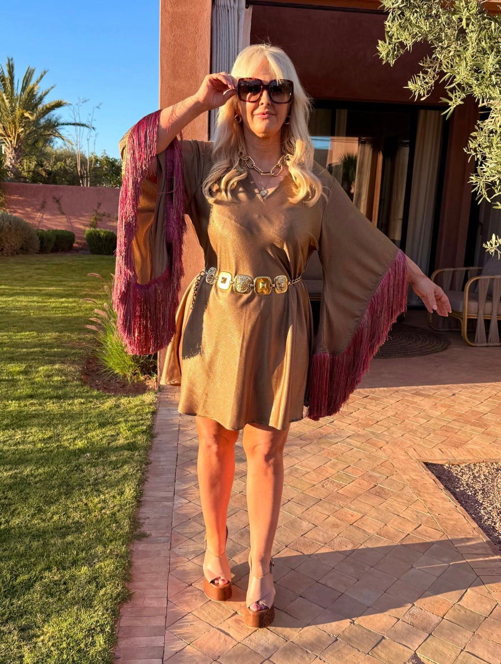 Short Stevie - Khaki Metallic With Raspberry Fringe